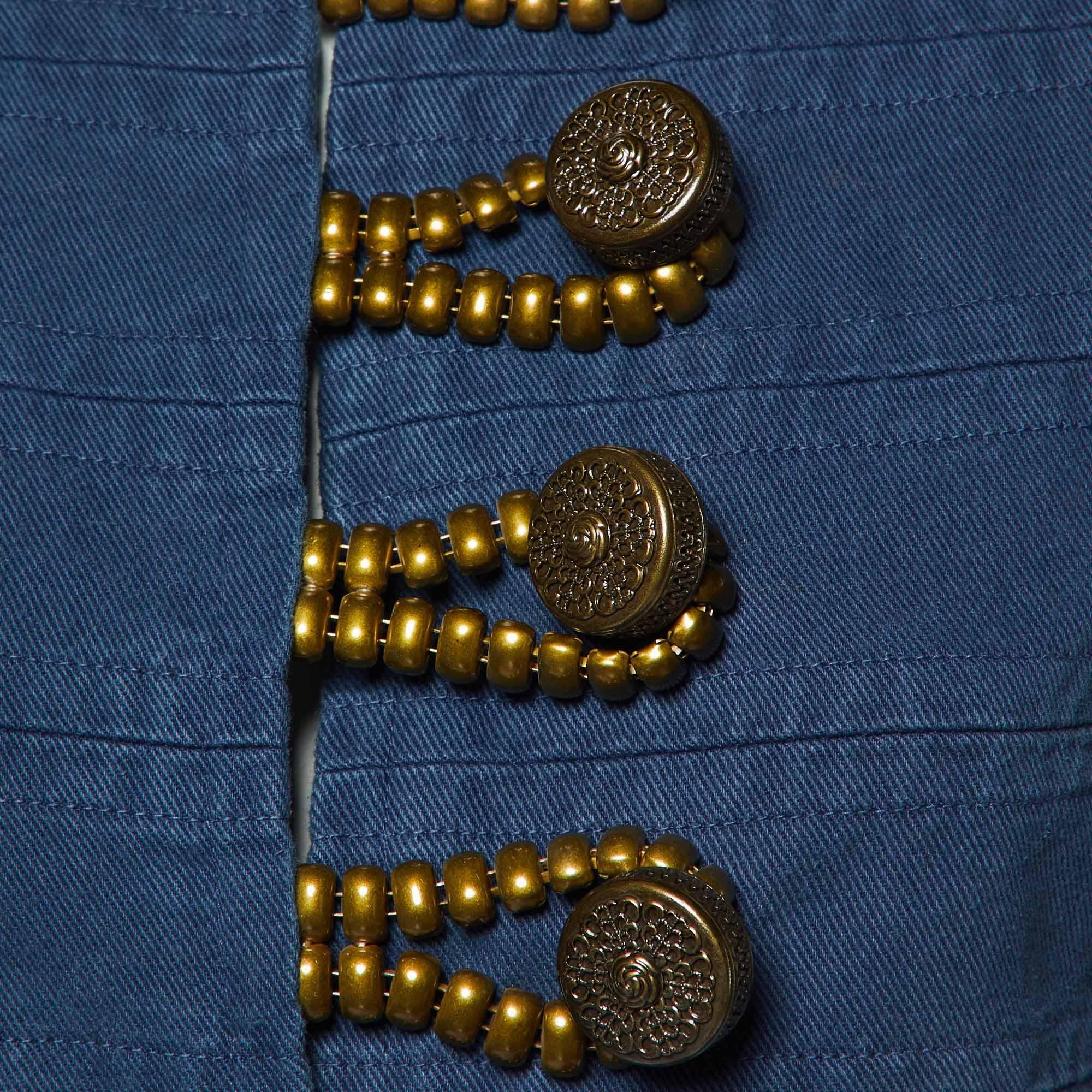 Etro Blue Gabardine Cotton Button Detail Cropped Jacket S In Good Condition For Sale In Dubai, Al Qouz 2