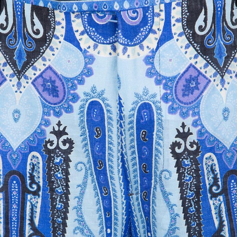 Etro Blue Mexico Print Linen Trousers L For Sale at 1stDibs