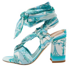 Etro Blue Ornamental Scarf Printed Fabric Block Heel Ankle Wrap Sandals Size 38