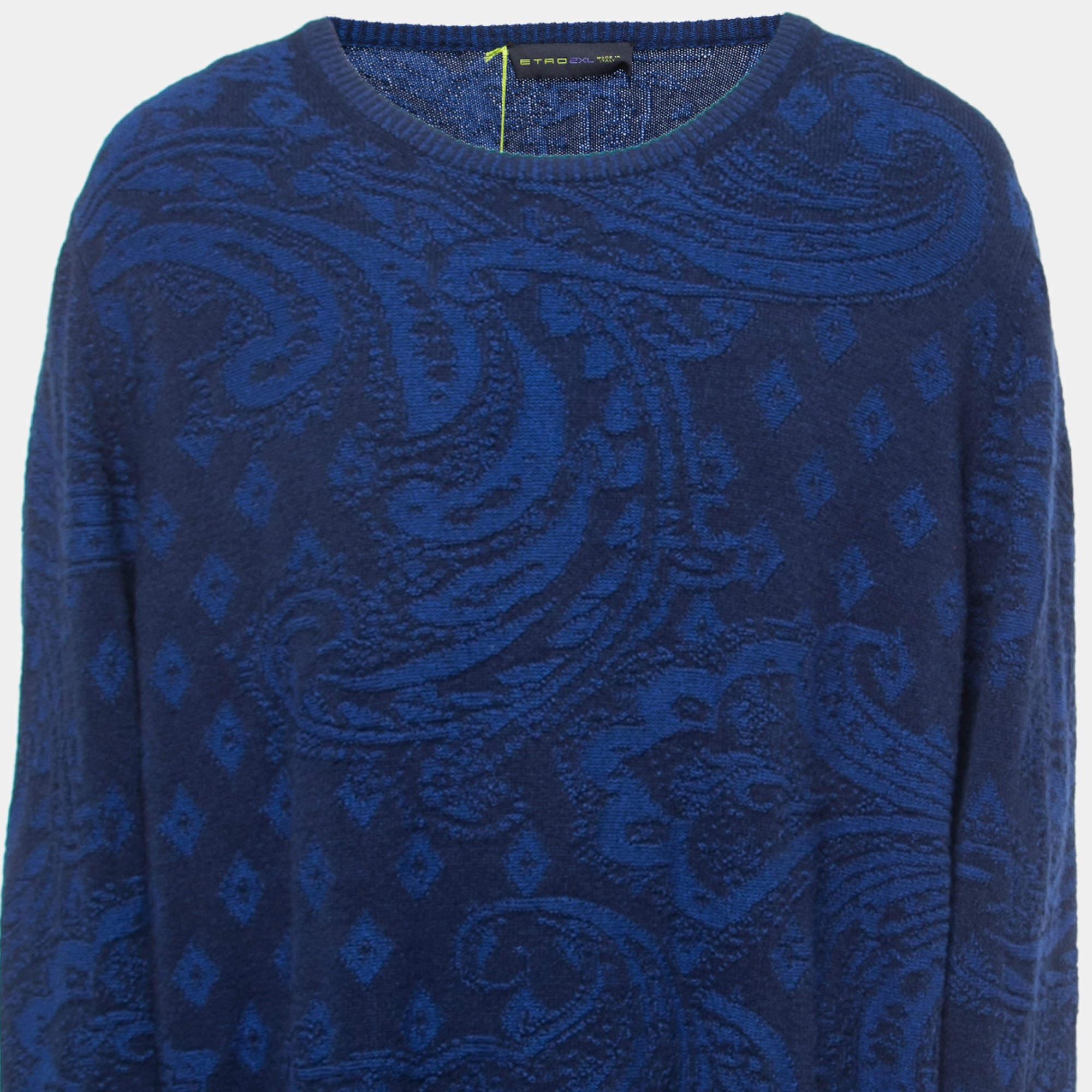 Etro Blue Paisley Cashmere Knit Crew Neck Sweater 2XL In Excellent Condition In Dubai, Al Qouz 2