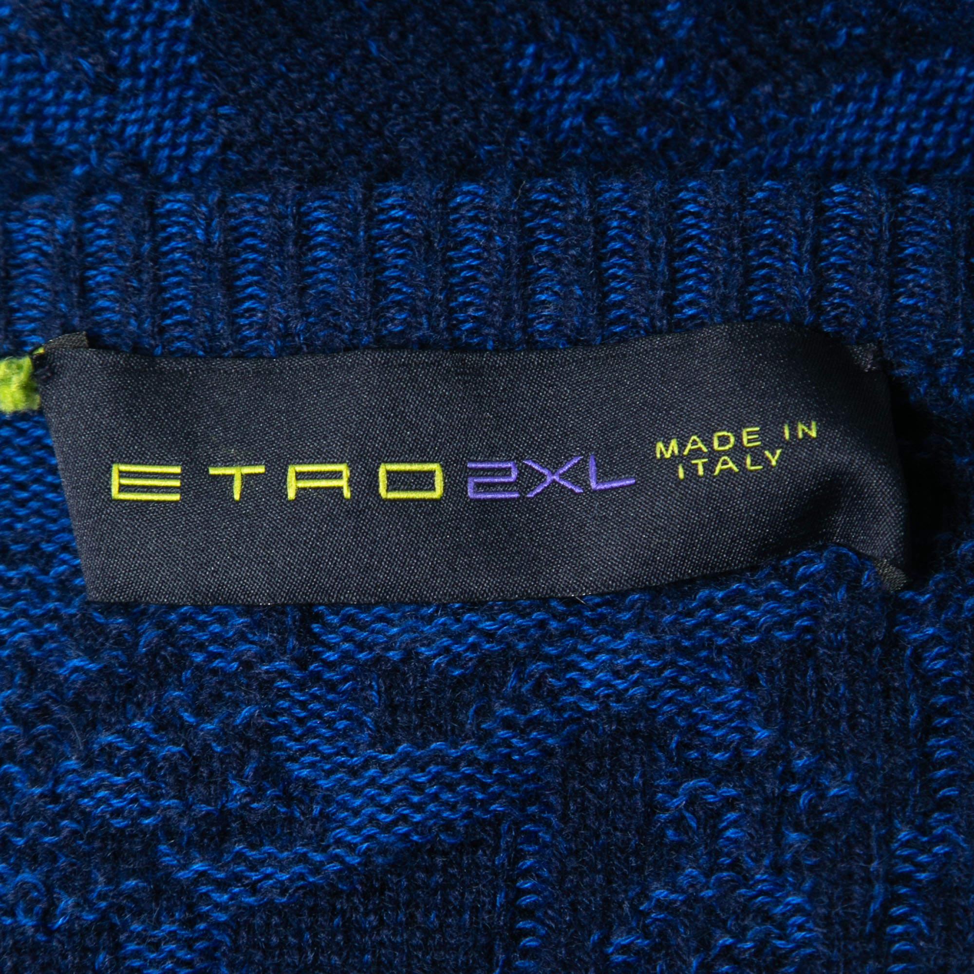 Men's Etro Blue Paisley Cashmere Knit Crew Neck Sweater 2XL