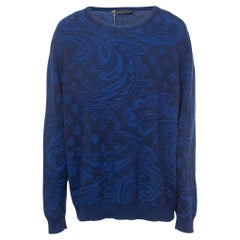 Etro Blue Paisley Cashmere Knit Crew Neck Sweater 2XL