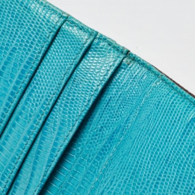 Etro Blaue Paisley-Börse aus beschichtetem Canvas und Eidechsenleder Trifold Continental Wallet im Zustand „Gut“ im Angebot in Dubai, Al Qouz 2