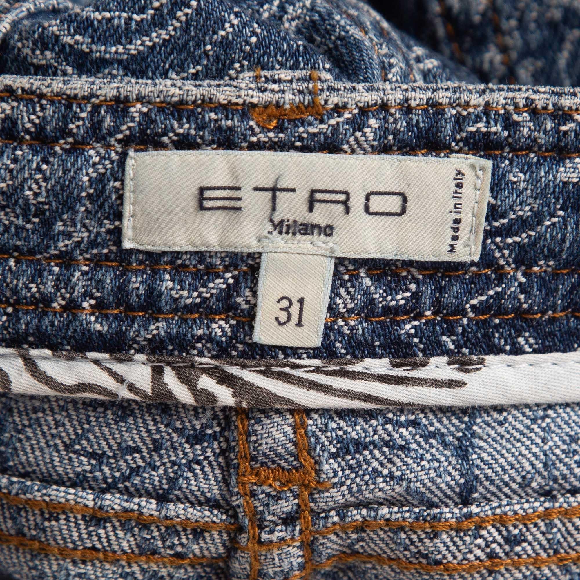 Etro Blue Paisley Jacquard Denim Jeans L Waist 31