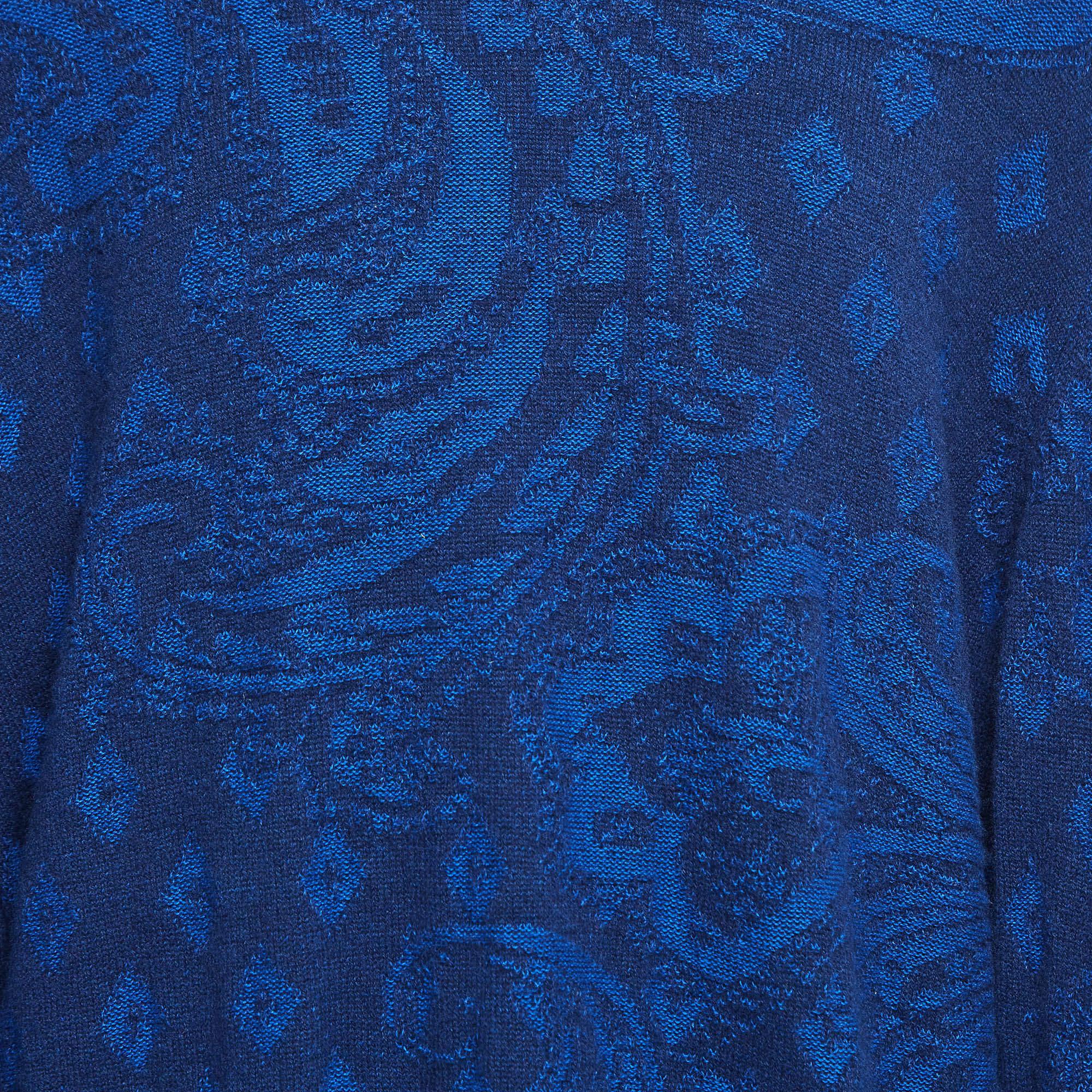 Etro Blue Paisley Knit Crew Neck Sweater XXL In New Condition For Sale In Dubai, Al Qouz 2