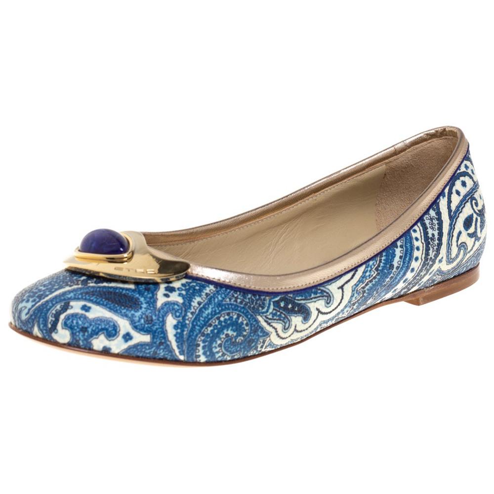 Etro Blue Paisley Printed Coated Canvas Embellished Ballet Flats Size 36