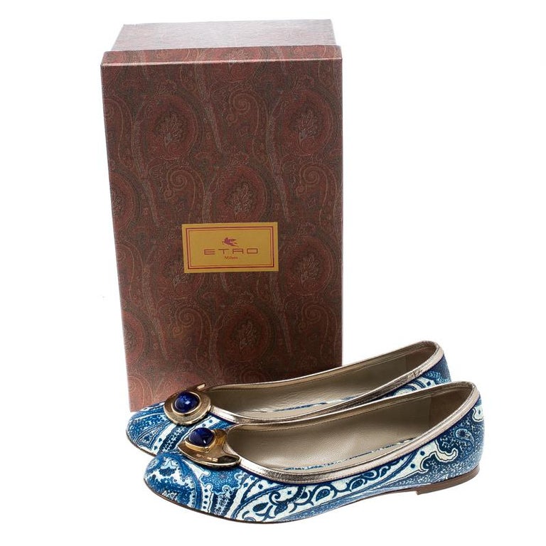 Etro Blue Paisley Printed Coated Canvas Embellished Ballet Flats Size