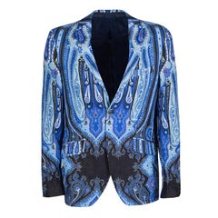 Etro Blue Paisley Printed Linen Minerva Foulard Superleggera Blazer M