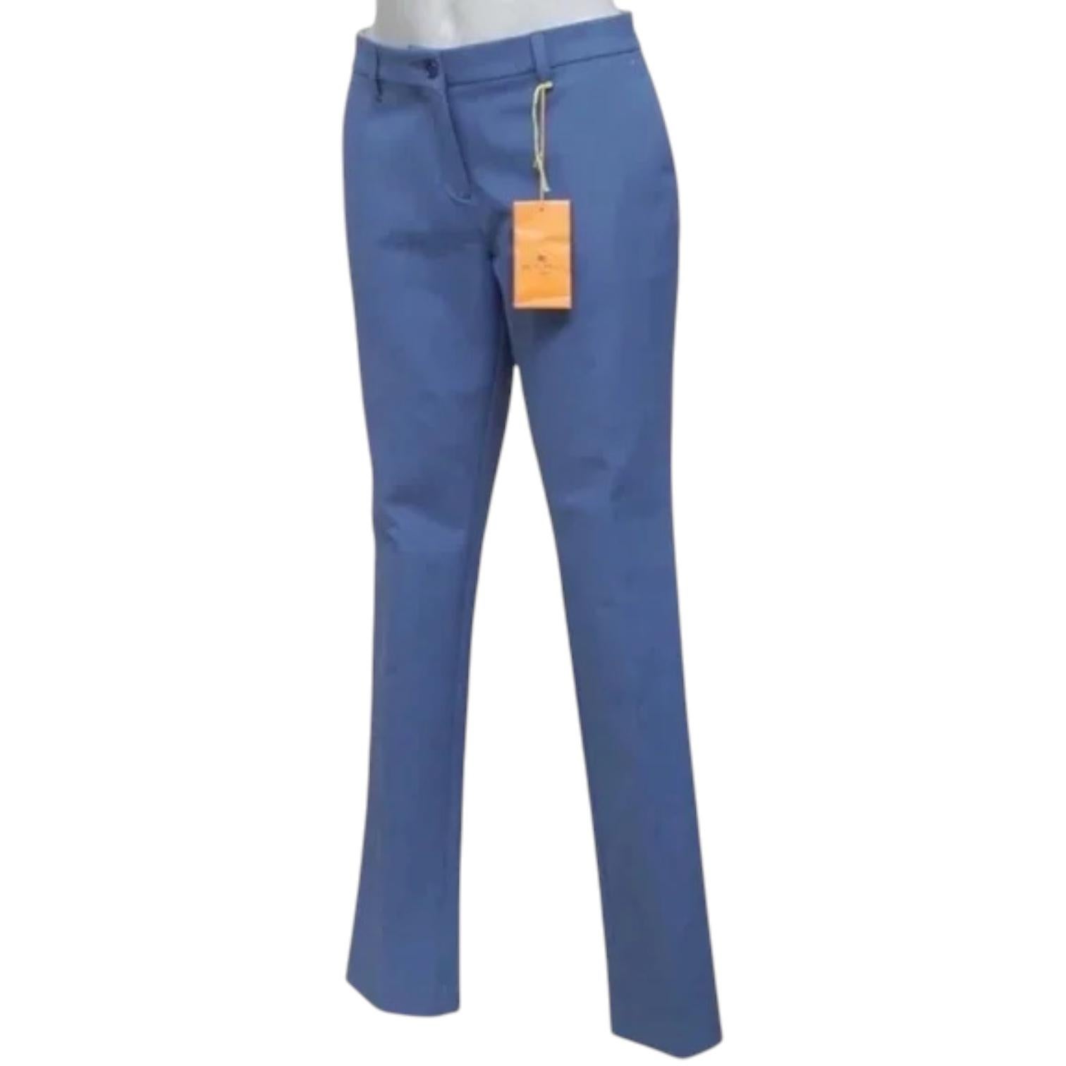 ETRO Blue Pants Trousers Straight Leg Zipper Button Sz 42 NWT In Excellent Condition For Sale In Hollywood, FL