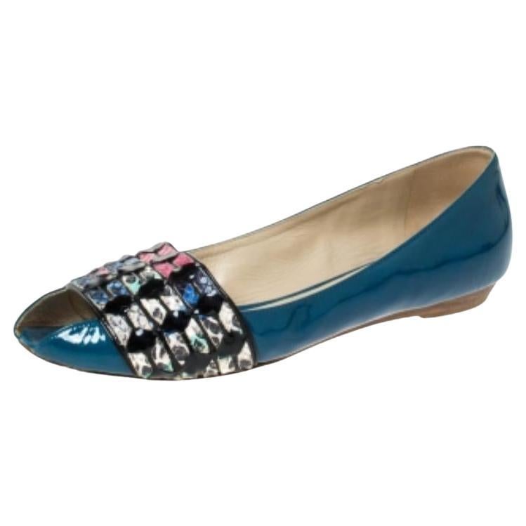 Etro Bailarinas de charol azul y adornos de pitón en relieve multicolor talla 37