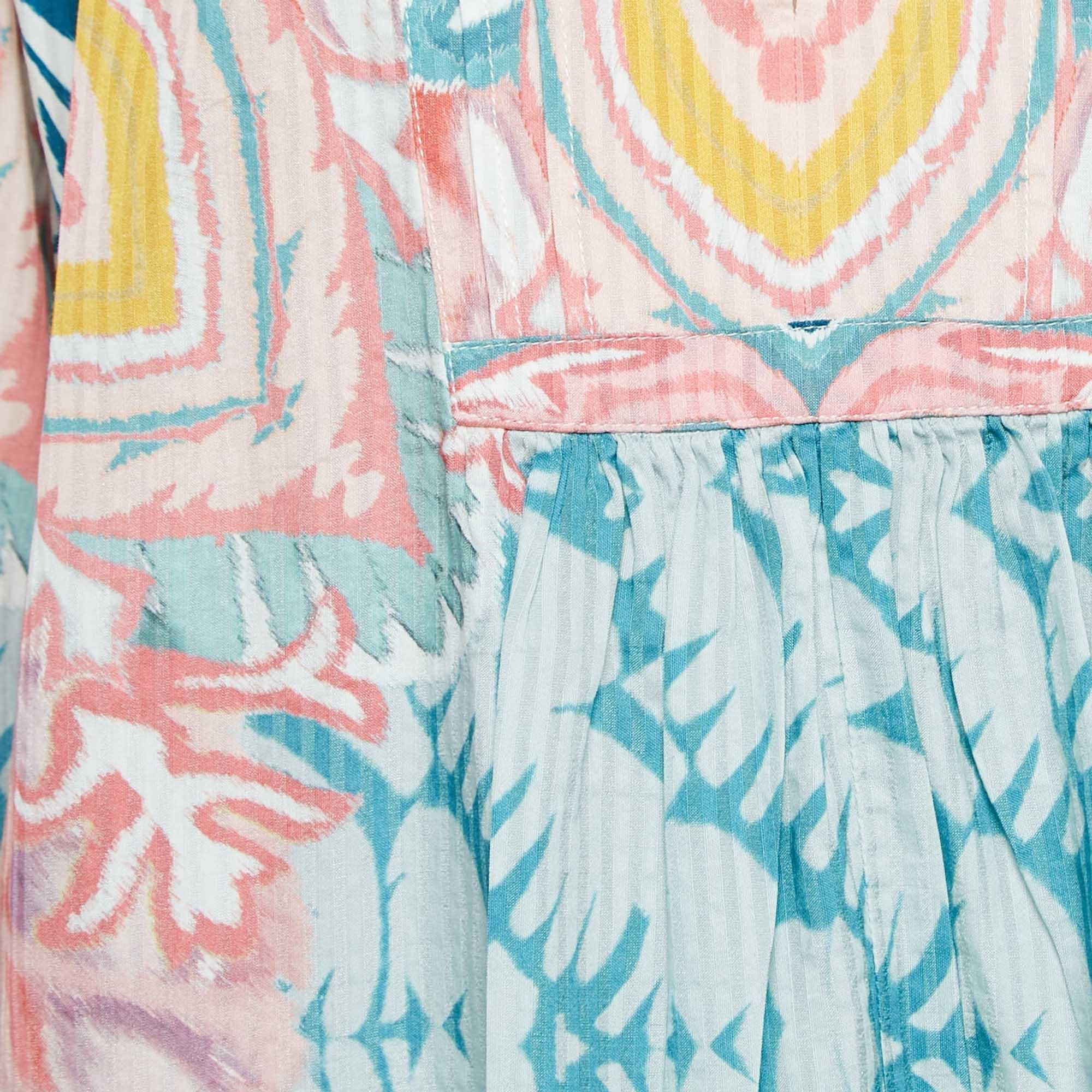 Gray Etro Blue Printed Cotton Blend Billow Sleeve Blouse M For Sale