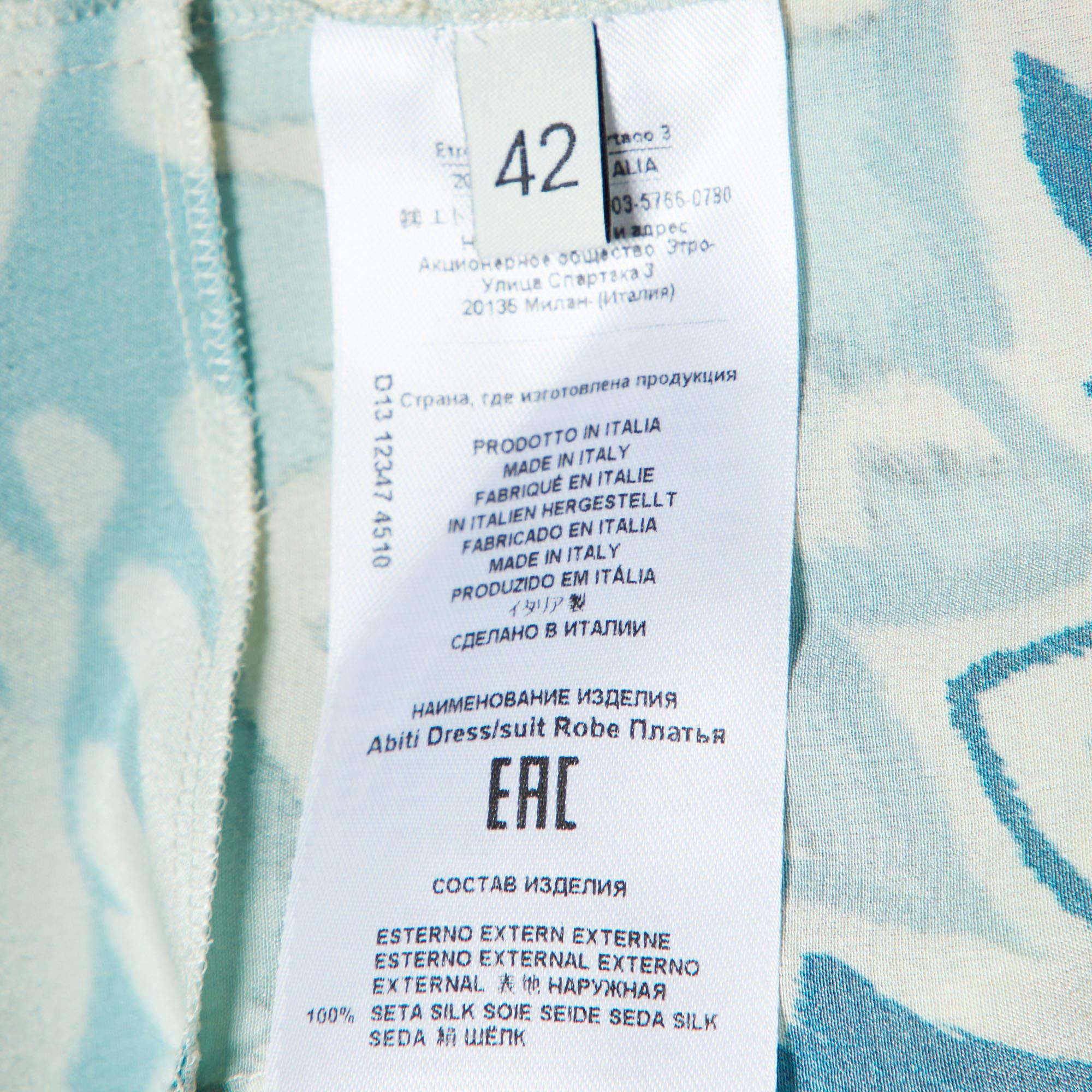 Women's Etro Blue Printed Silk Crepe V-Neck Long Dress M