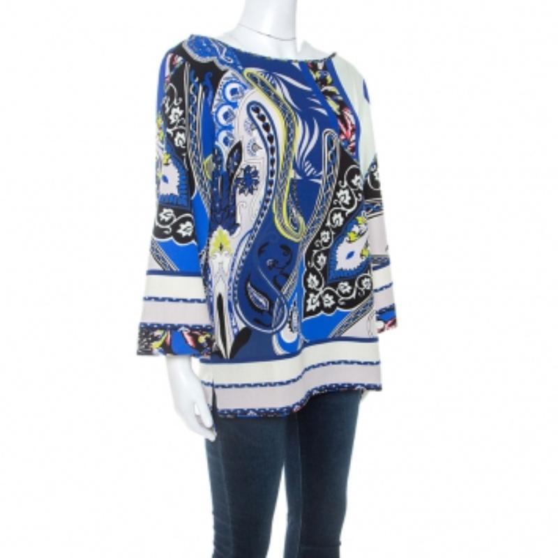 Ce magnifique top d'Etro est un must-have. Confectionnée en 100% laine, cette création luxueuse présente un imprimé bleu sur toute sa surface. Il a été coupé pour offrir une silhouette décontractée et présente un large col bateau, des manches