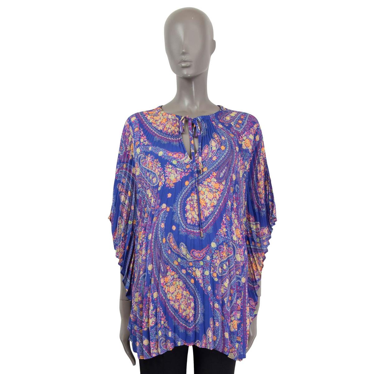 Gray ETRO blue purple silk RODIN PAISLEY PLEATED PONCHO Blouse Shirt ONE SIZE For Sale