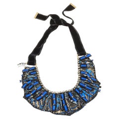Etro Blue Silk Brocade Crystal and Bead Statement Necklace