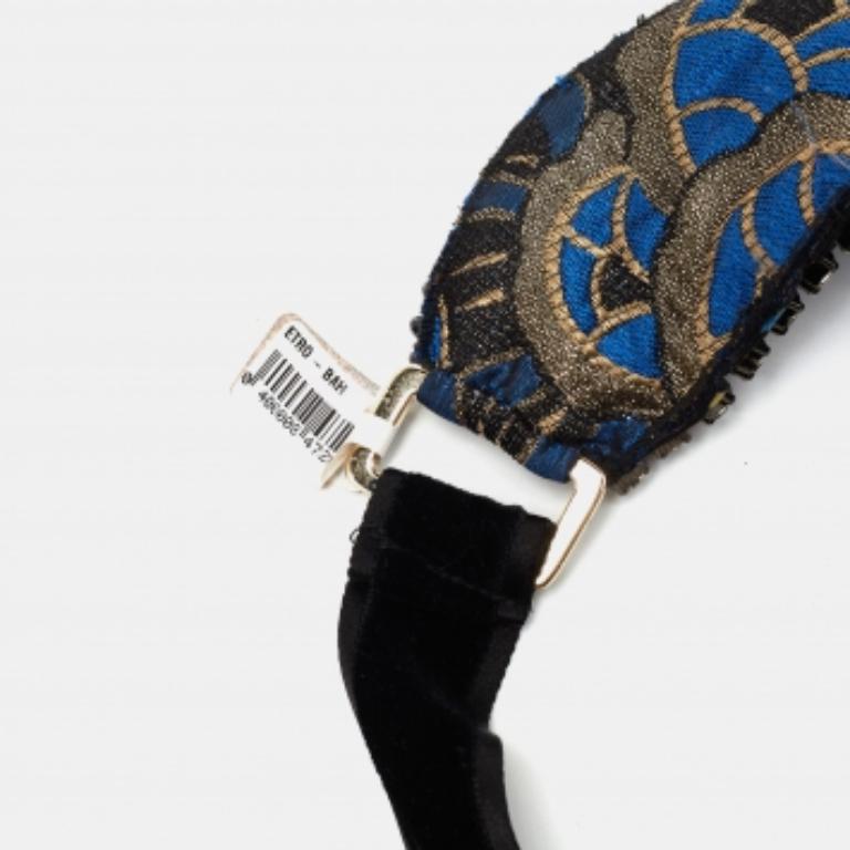 Etro - Collana in tessuto con perle di cristallo in broccato di seta blu in vendita 3