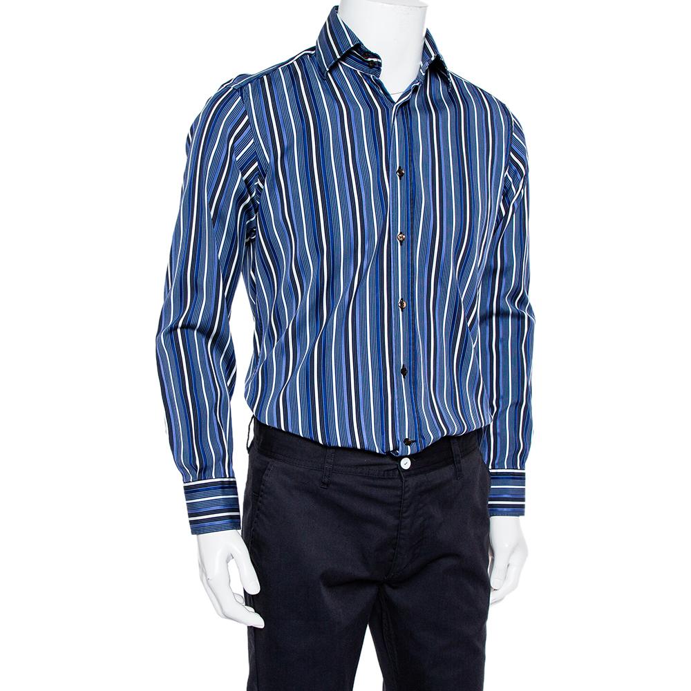 Etro Blue Striped Cotton Button Front Shirt M In Good Condition For Sale In Dubai, Al Qouz 2