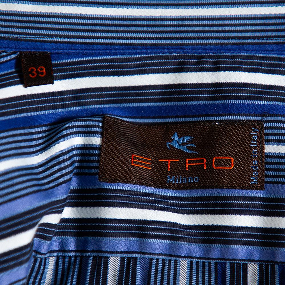 Men's Etro Blue Striped Cotton Button Front Shirt M For Sale