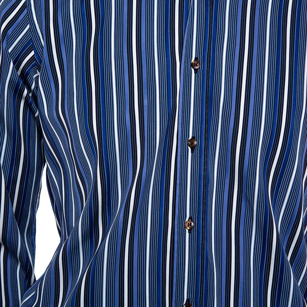 Etro Blue Striped Cotton Button Front Shirt M 1