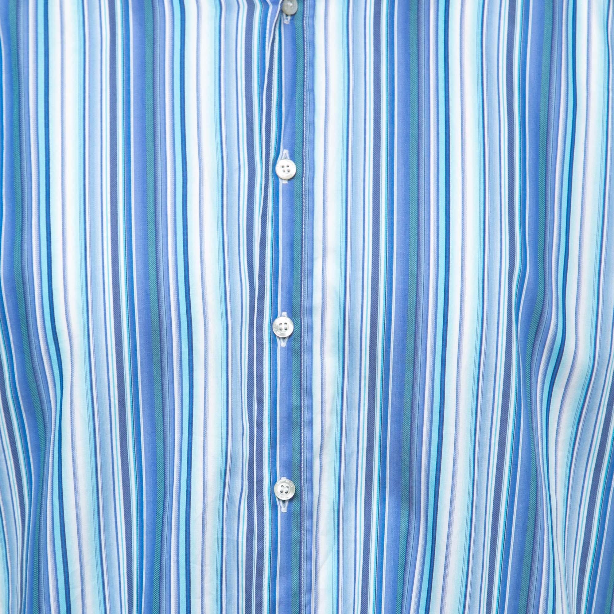 Etro Blue Striped Cotton Contrast Collar & Cuff Full Sleeve Shirt L In Excellent Condition For Sale In Dubai, Al Qouz 2