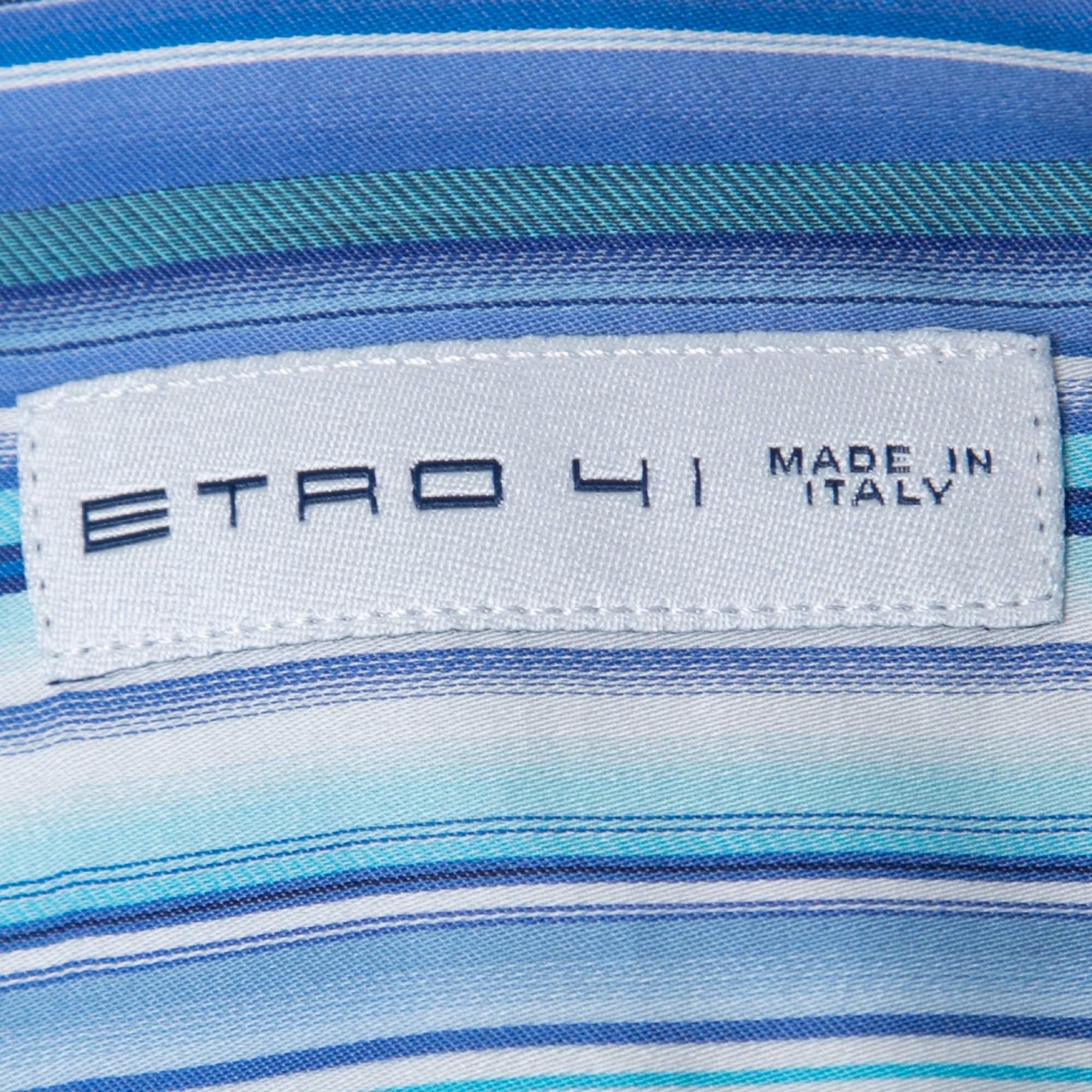 Men's Etro Blue Striped Cotton Contrast Collar & Cuff Full Sleeve Shirt L For Sale