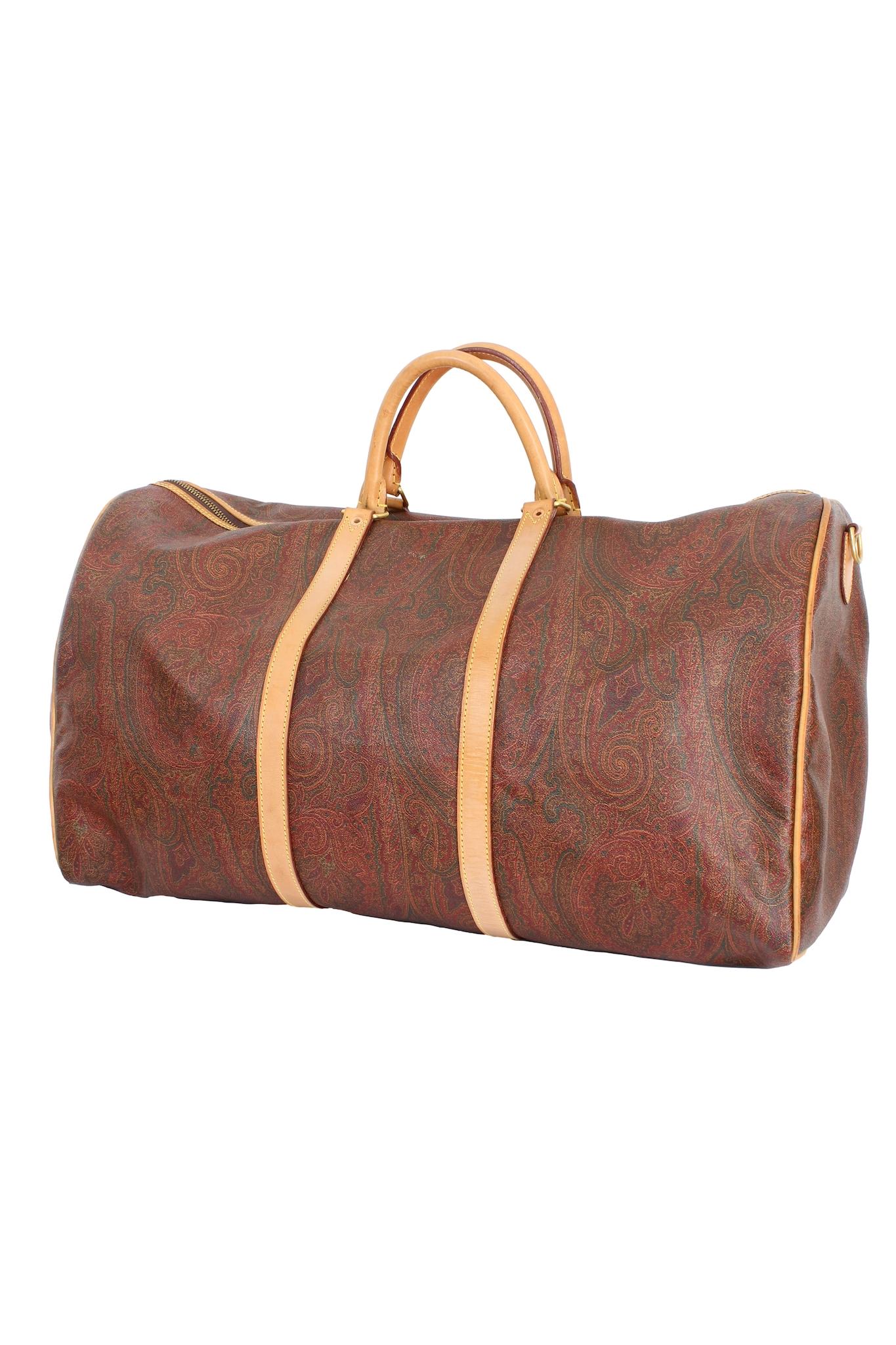 Women's or Men's Etro Boston Brown Canvas Leather Paisley Luggage Duffle Bag Vinatge 1995