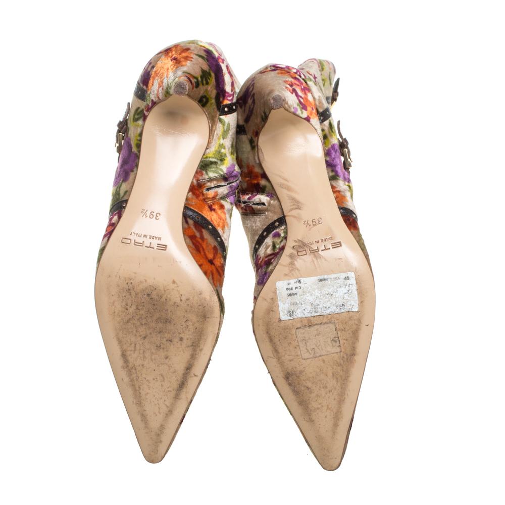 Etro Braun/Beige Floral Stampa Fiore Großer Samt und Leder Stiefel Größe 39.5 Damen