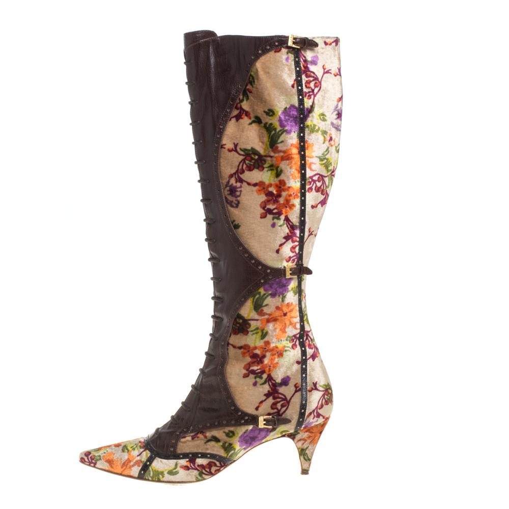 Etro Brown/Beige Floral Stampa Fiore Tall Velvet And Leather Boots Size 39.5 In Good Condition In Dubai, Al Qouz 2