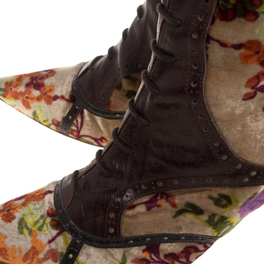 Etro Braun/Beige Floral Stampa Fiore Großer Samt und Leder Stiefel Größe 39.5 2