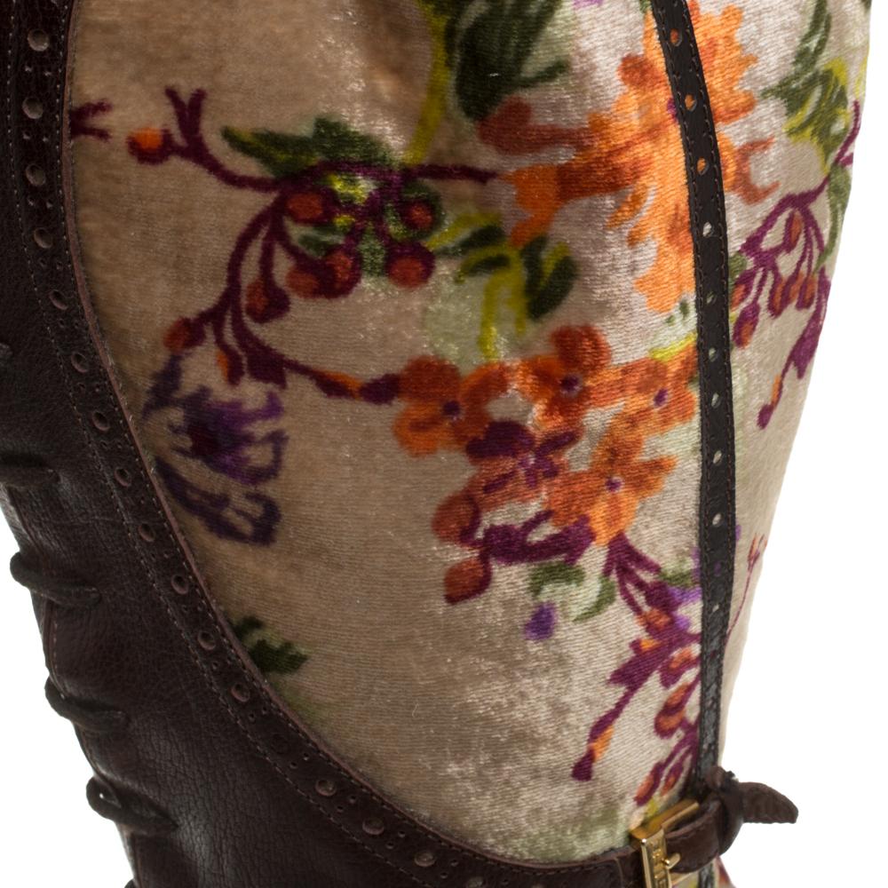 Etro Brown/Beige Floral Stampa Fiore Tall Velvet And Leather Boots Size 39.5 1