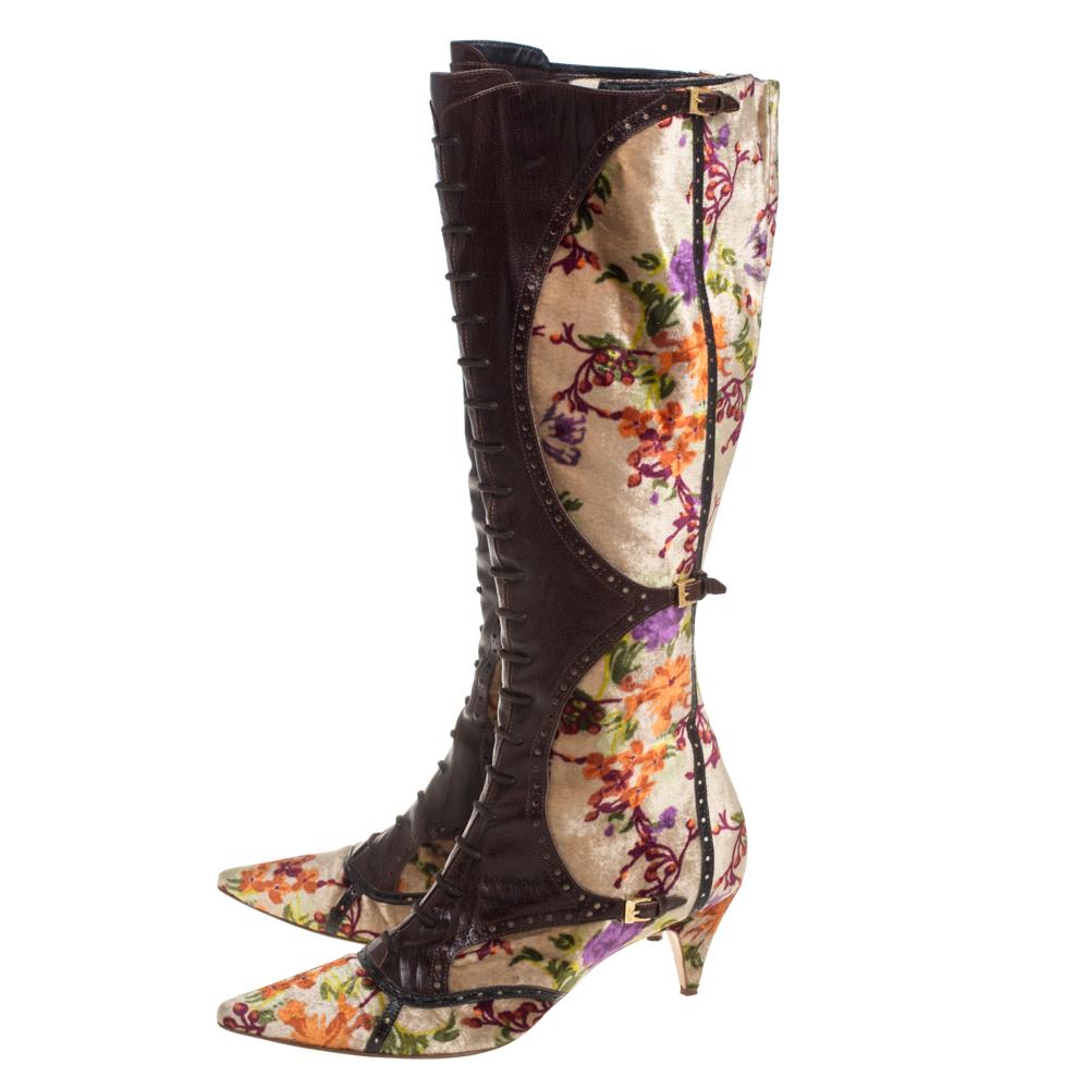 Etro Brown/Beige Floral Stampa Fiore Tall Velvet And Leather Boots Size 39.5 2