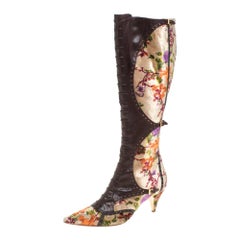 Etro Brown/Beige Floral Stampa Fiore Tall Velvet And Leather Boots Size 39.5