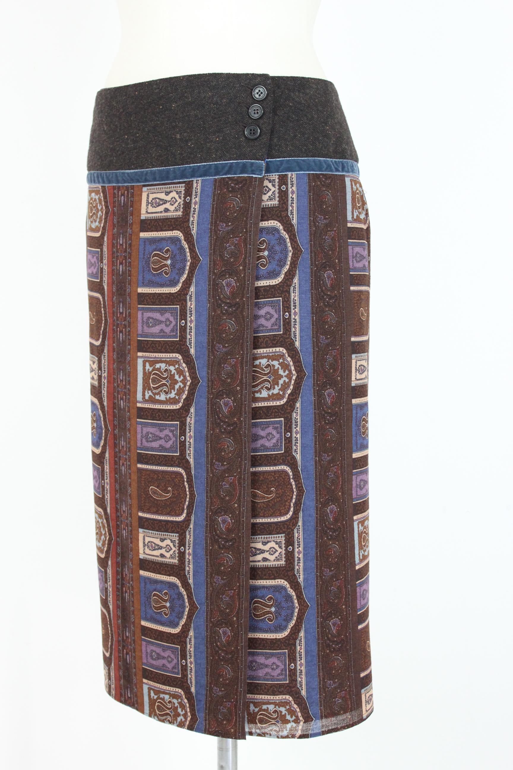 Etro Brown Blue Wool Paisley Wallet Pencil Long Skirt  In Excellent Condition In Brindisi, Bt