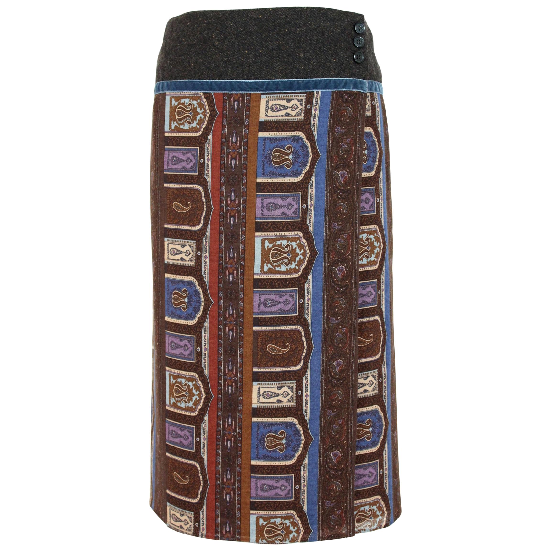 Etro Brown Blue Wool Paisley Wallet Pencil Long Skirt
