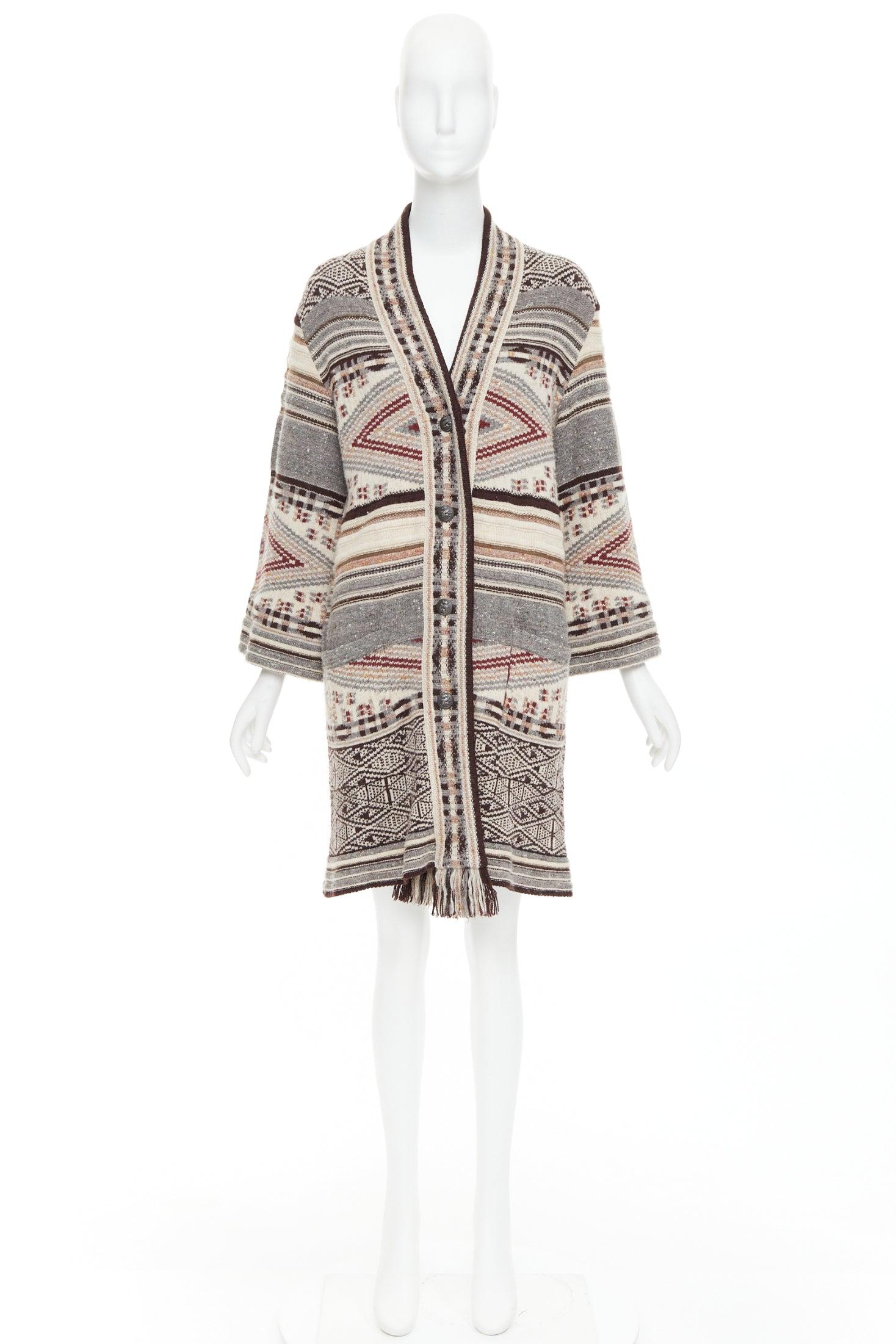 ETRO brown burgundy nude wool silk ethnic knit cardigan coat IT40 S For Sale 5