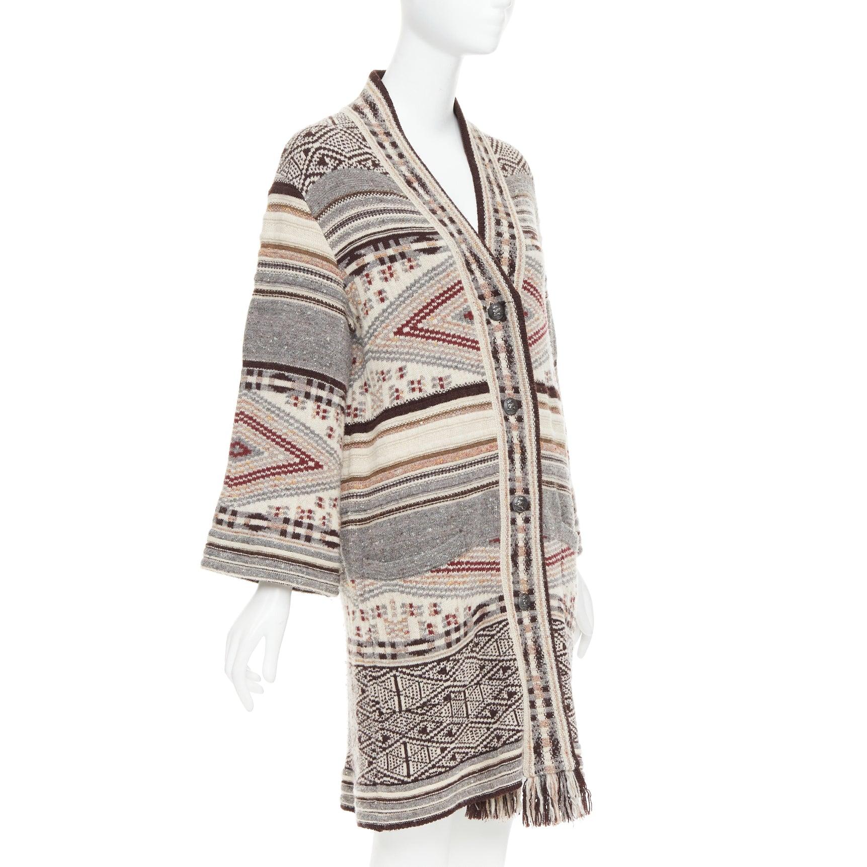 ETRO brown burgundy nude wool silk ethnic knit cardigan coat IT40 S In Good Condition For Sale In Hong Kong, NT