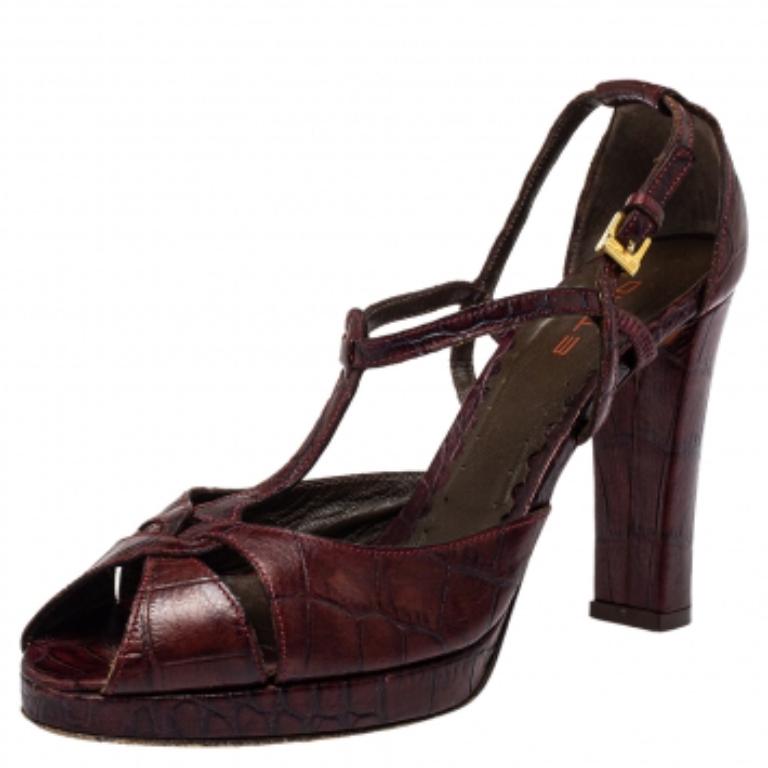 Black Etro Brown Croc Embossed Leather Peep Toe T Strap Sandals Size 37.5 For Sale