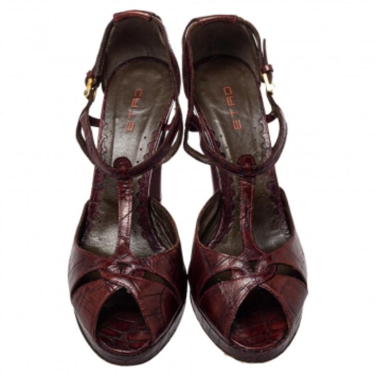 Women's Etro Brown Croc Embossed Leather Peep Toe T Strap Sandals Size 37.5 For Sale