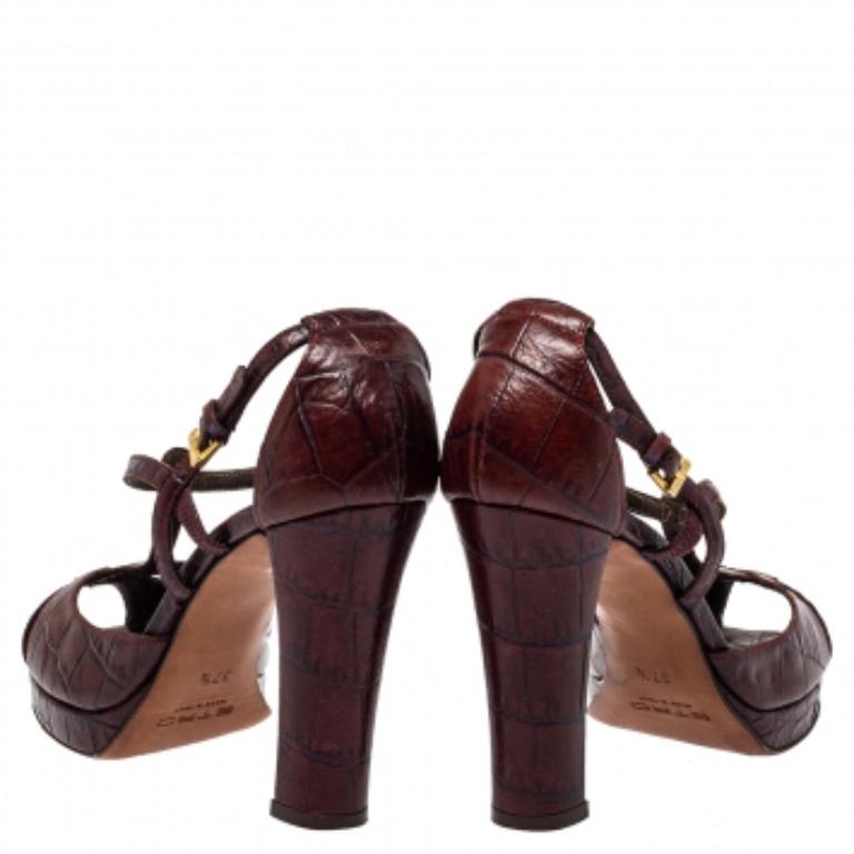 Etro Brown Croc Embossed Leather Peep Toe T Strap Sandals Size 37.5 For Sale 2