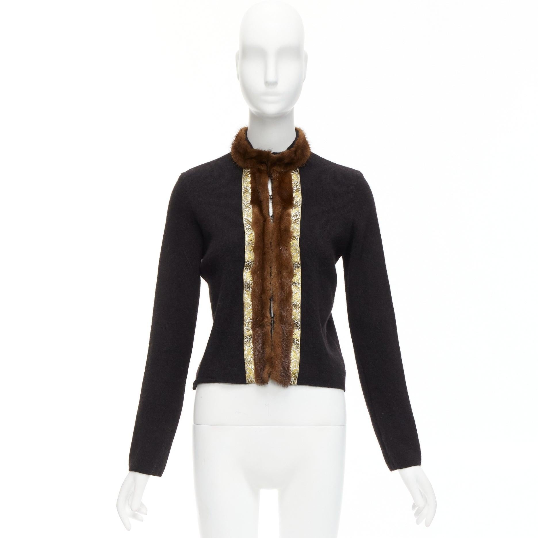 ETRO brown fur collar gold applique trim black wool cardigan IT42 M For Sale 6
