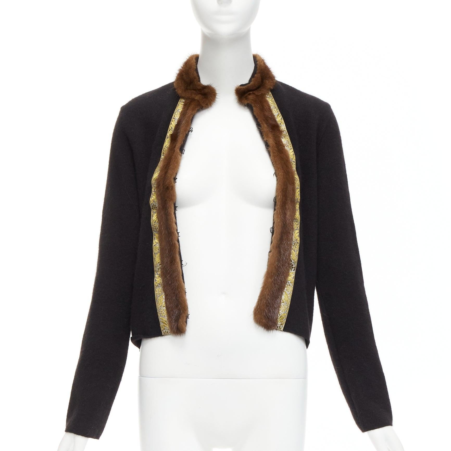 Black ETRO brown fur collar gold applique trim black wool cardigan IT42 M For Sale