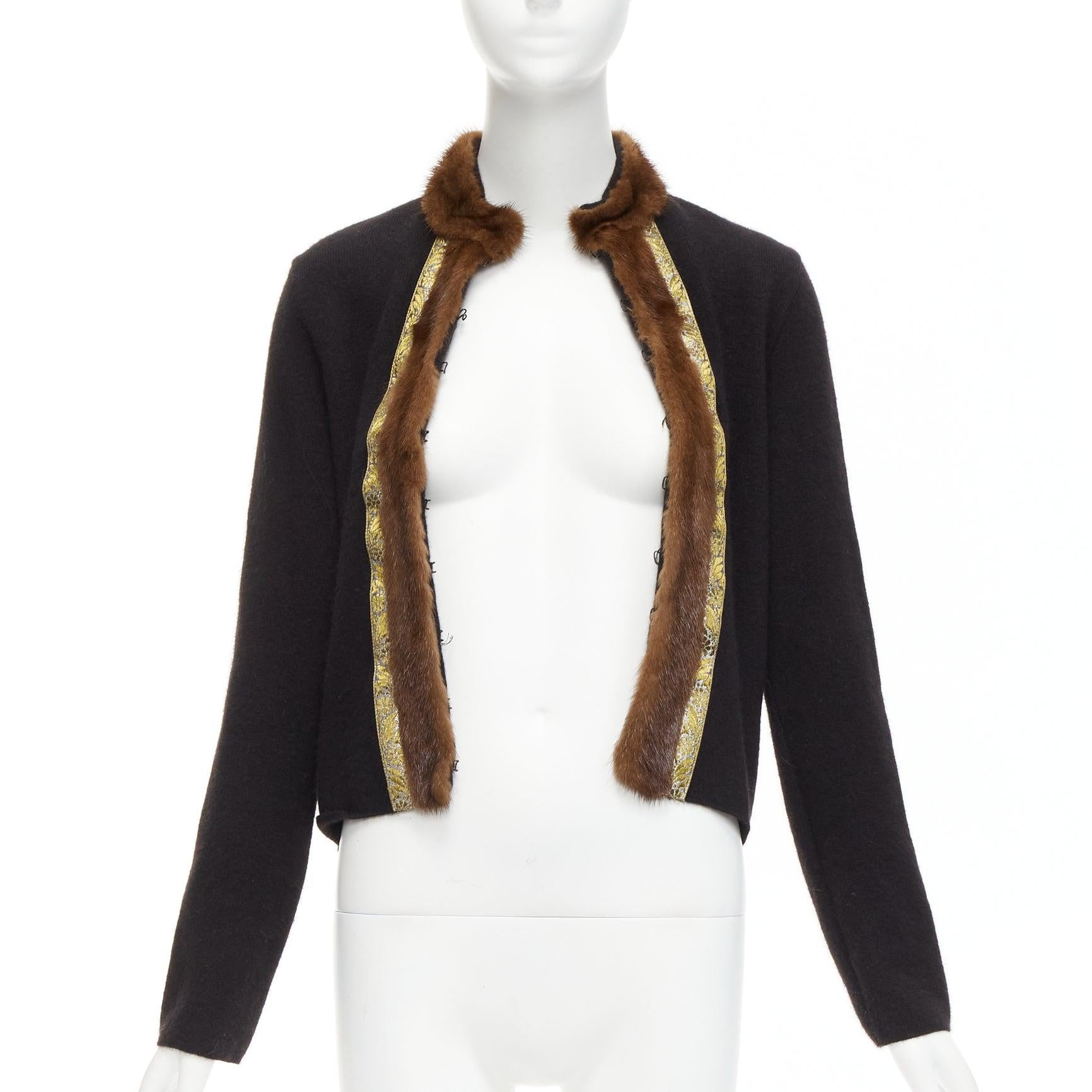 ETRO brown fur collar gold applique trim black wool cardigan IT42 M In Excellent Condition For Sale In Hong Kong, NT