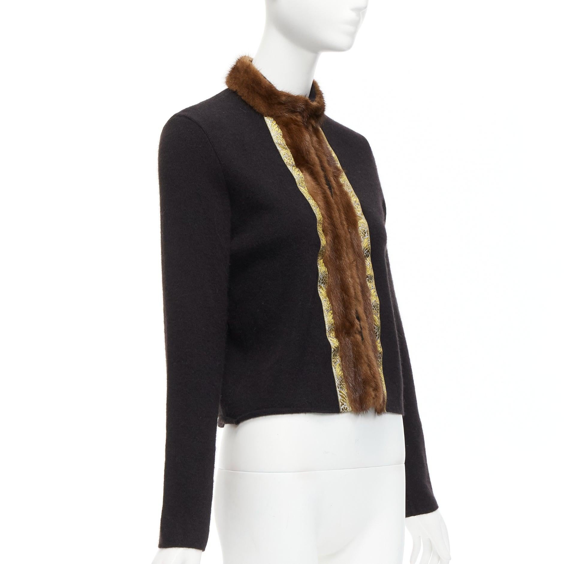 Women's ETRO brown fur collar gold applique trim black wool cardigan IT42 M For Sale