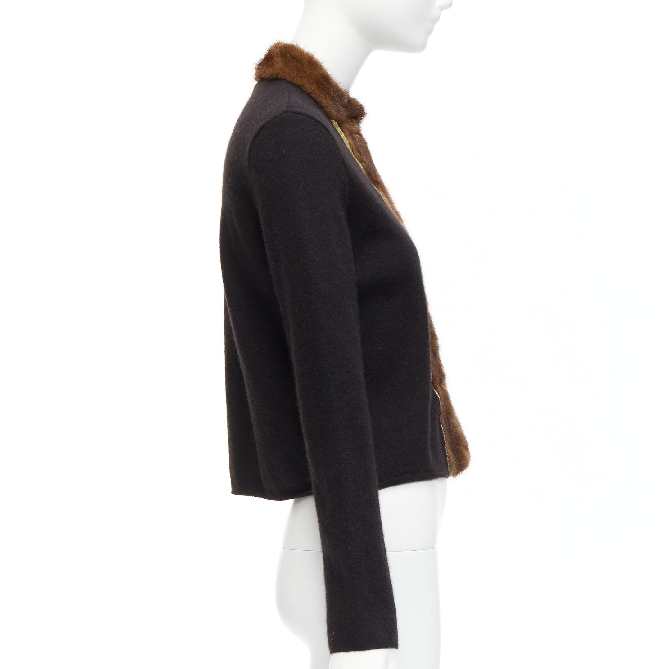 Women's ETRO brown fur collar gold applique trim black wool cardigan IT42 M For Sale