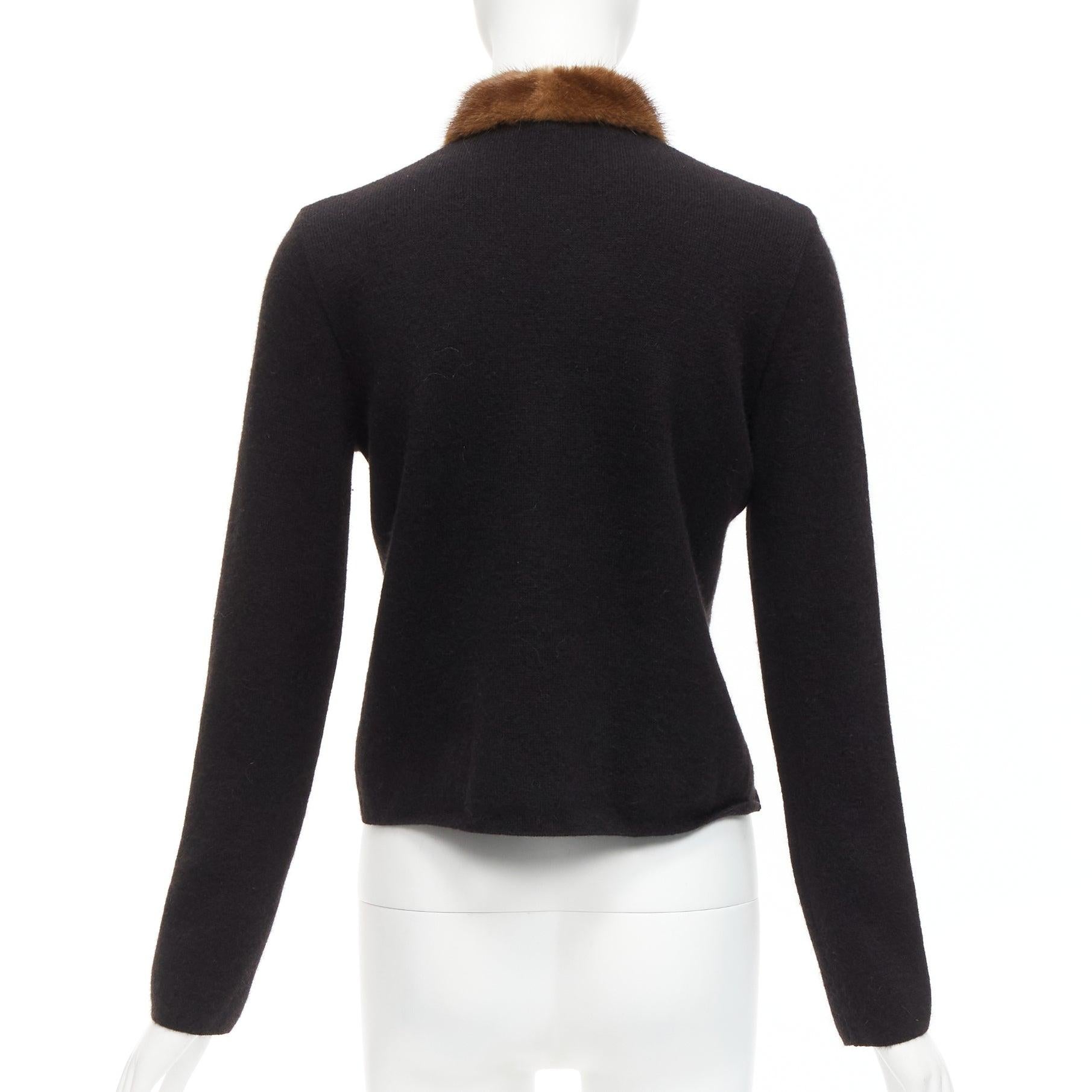 ETRO brown fur collar gold applique trim black wool cardigan IT42 M For Sale 1