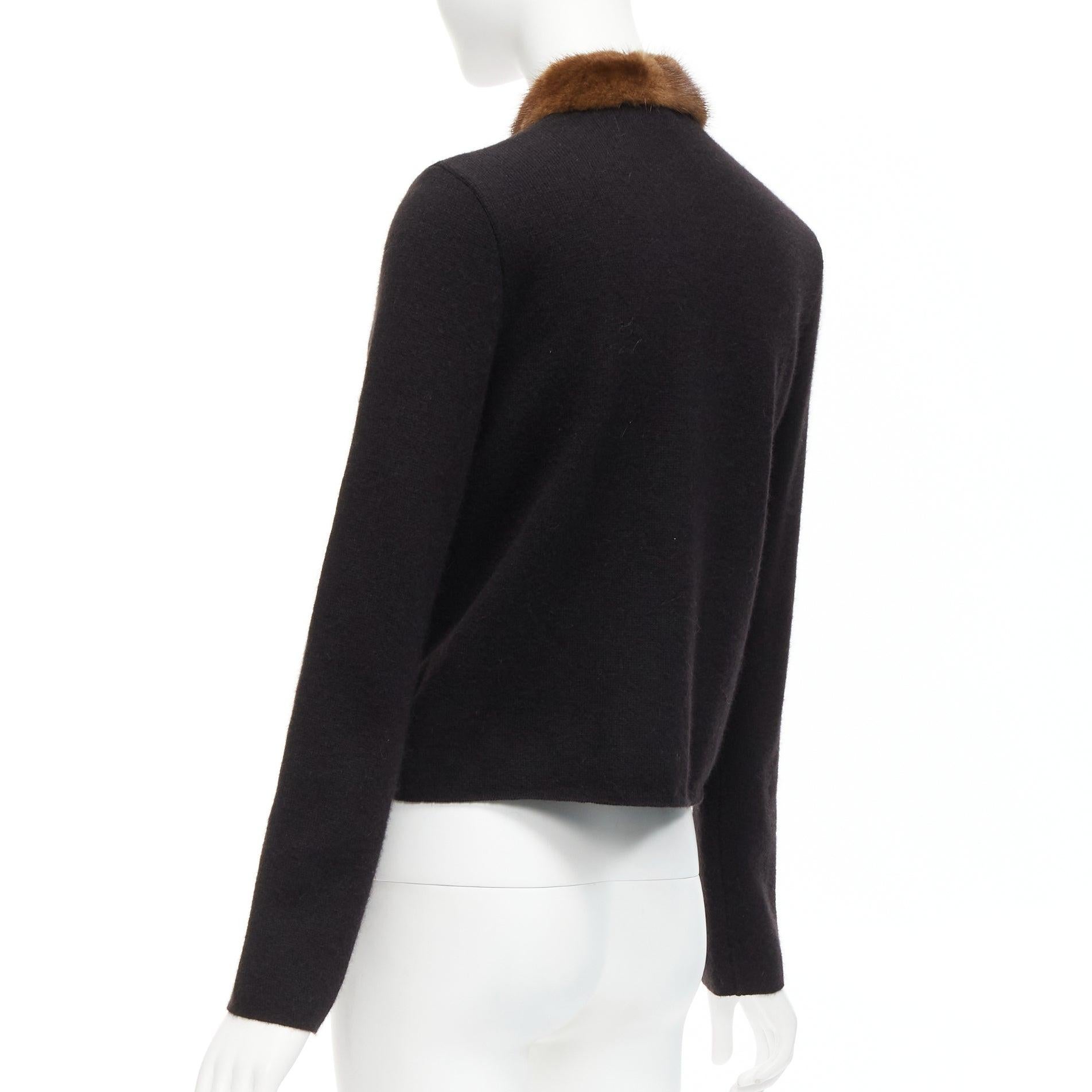 ETRO brown fur collar gold applique trim black wool cardigan IT42 M For Sale 2