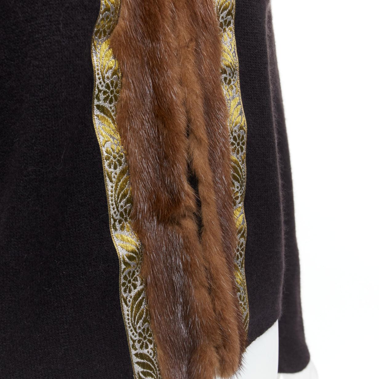 ETRO brown fur collar gold applique trim black wool cardigan IT42 M For Sale 4