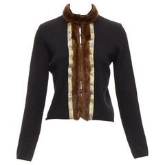 ETRO brown fur collar gold applique trim black wool cardigan IT42 M