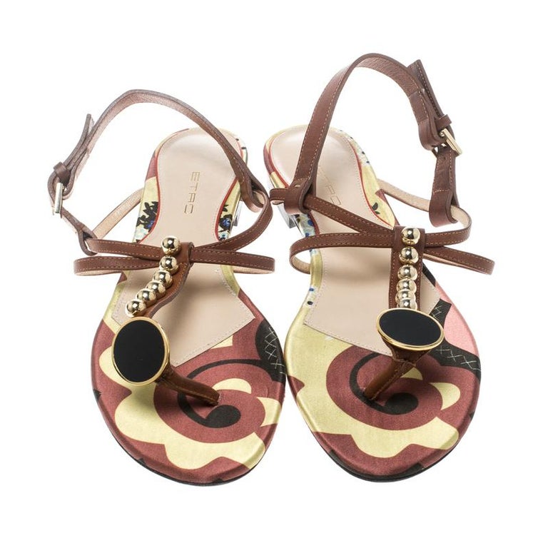 Etro Brown Leather Embellished Flat Thong Sandals Size 41 For Sale at ...