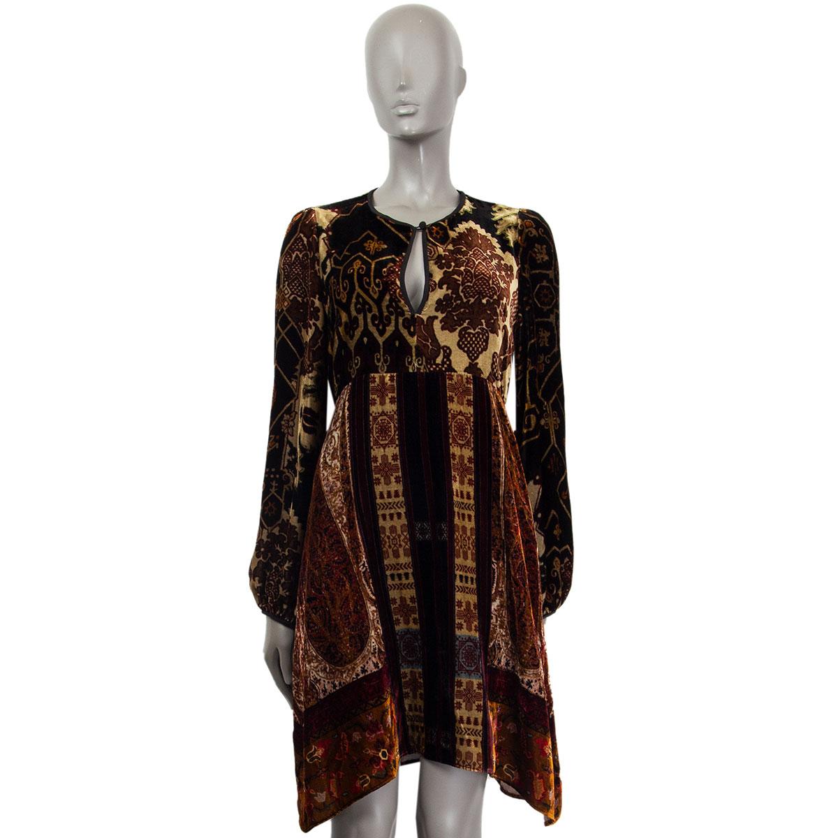 authentic Etro Nottinghamshire empire-waist crushed velvet dress in black, sage, toffee, burgundy and gold-brown viscose (82%) silk (18%) with a flared A-line, one-button at the neckline and bishop sleeves. Lined in black silk. Closes with a